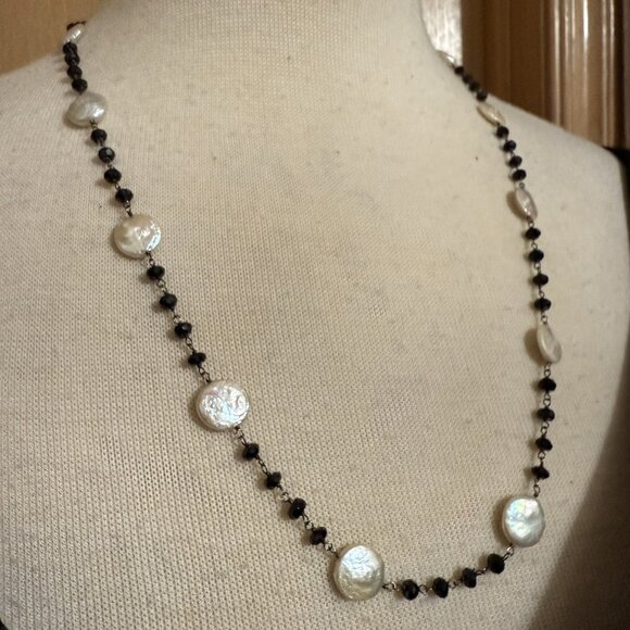 Vintage Coin Pearl and Black Crystal Bead Necklace - Picture 1 of 7